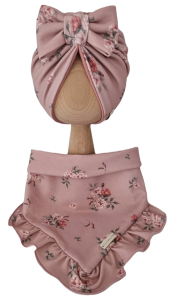 KOMPLET TURBAN PODWÓJNY KOKARDA  I CHUSTA Z FALBANKĄ Sepia Flowers Pustynny Róż