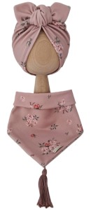 KOMPLET TURBAN POJEDYNCZY MOTYLEK Sepia Flowers Pustynny Róż I CHUSTA Sepia Flowers Pustynny Róż Z CHWOSTAMI Ciemny Róż