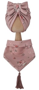 KOMPLET TURBAN PODWÓJNY KOKARDA Sepia Flowers Pustynny Róż I CHUSTA Sepia Flowers Pustynny Róż Z CHWOSTAMI Ciemny Róż 