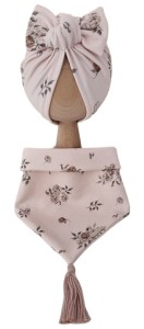 KOMPLET TURBAN POJEDYNCZY SUPEŁEK Sepia Flowers Beż I CHUSTA Sepia Flowers Beż Z CHWOSTAMI Antyczny Beż