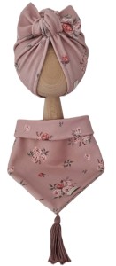 KOMPLET TURBAN POJEDYNCZY SUPEŁEK Sepia Flowers Pustynny Róż I CHUSTA Sepia Flowers Pustynny Róż Z CHWOSTAMI Ciemny Róż