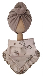 KOMPLET TURBAN POJEDYNCZY DONUT Mokka I CHUSTA Z FALBANKĄ Sepia Flowers Mokka 