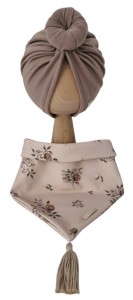 KOMPLET TURBAN POJEDYNCZY DONUT Mokka I CHUSTA Sepia Flowers Mokka Z CHWOSTAMI  Beż