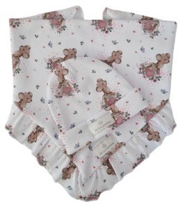 KOMPLET PRINCESSKA CZAPKA WYWIJANA I CHUSTA Z FALBANKĄ Myszki