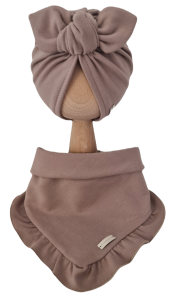 KOMPLET TURBAN POJEDYNCZY MOTYLEK  I CHUSTA Z FALBANKĄ Mokka