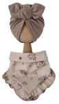 KOMPLET TURBAN POJEDYNCZY MOTYLEK Mokka  I CHUSTA Z FALBANKĄ Sepia Flowers Beż