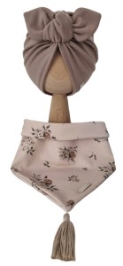 KOMPLET TURBAN POJEDYNCZY MOTYLEK Mokka I CHUSTA Sepia Flowers Mokka Z CHWOSTAMI Beż