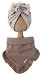 KOMPLET TURBAN PODWÓJNY SUPEŁEK Sepia Flowers Mokka  I CHUSTA Z FALBANKĄ Mokka