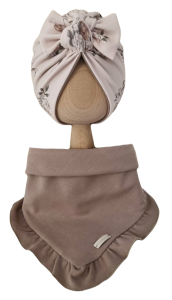 KOMPLET TURBAN PODWÓJNY SUPEŁEK Sepia Flowers Mokka  I CHUSTA Z FALBANKĄ Mokka