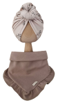 KOMPLET TURBAN POJEDYNCZY DONUT Sepia Flowers Mokka I CHUSTA Z FALBANKĄ Mokka
