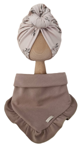 KOMPLET TURBAN POJEDYNCZY DONUT Sepia Flowers Mokka I CHUSTA Z FALBANKĄ Mokka