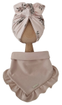 KOMPLET TURBAN PODWÓJNY MOTYLEK Sepia Flowers Beż  I CHUSTA Z FALBANKĄ Beż