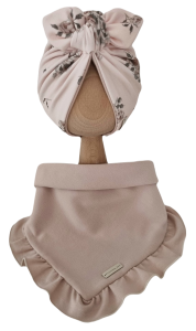 KOMPLET TURBAN PODWÓJNY MOTYLEK Sepia Flowers Beż  I CHUSTA Z FALBANKĄ Beż
