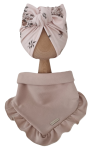 KOMPLET TURBAN POJEDYNCZY SUPEŁEK Sepia Flowers Beż i CHUSTA Z FALBANKĄ Beż