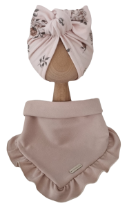 KOMPLET TURBAN POJEDYNCZY SUPEŁEK Sepia Flowers Beż i CHUSTA Z FALBANKĄ Beż
