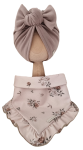 KOMPLET TURBAN POJEDYNCZY SUPEŁEK Mokka i CHUSTA Z FALBANKĄ Sepia Flowers Mokka