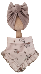 KOMPLET TURBAN POJEDYNCZY SUPEŁEK Mokka i CHUSTA Z FALBANKĄ Sepia Flowers Mokka