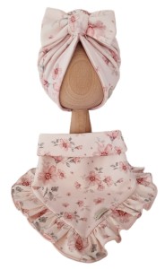KOMPLET TURBAN PODWÓJNY KOKARDA  I CHUSTA Z FALBANKĄ Magnolie na Różu