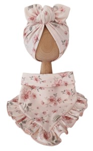 KOMPLET TURBAN POJEDYNCZY MOTYLEK  I CHUSTA Z FALBANKĄ Magnolie na Różu