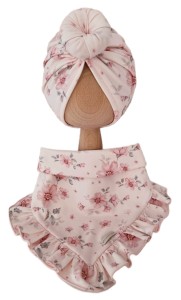 KOMPLET TURBAN POJEDYNCZY DONUT I CHUSTA Z FALBANKĄ Magnolie na Różu