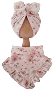 KOMPLET TURBAN PODWÓJNY MOTYLEK  I CHUSTA Z FALBANKĄ Magnolie na Różu