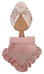 KOMPLET TURBAN POJEDYNCZY DONUT Magnolie na Różu I CHUSTA Z FALBANKĄ Jasny Róż