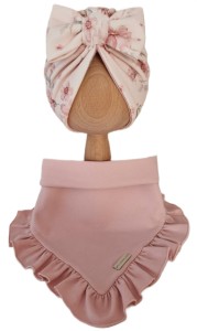 KOMPLET TURBAN PODWÓJNY KOKARDA Magnolie na Różu I CHUSTA Z FALBANKĄ Jasny Róż