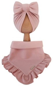 KOMPLET TURBAN POJEDYNCZY KOKARDA  I CHUSTA Z FALBANKĄ Jasny Róż