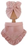 KOMPLET Z KORALIKAMI TURBAN PODWÓJNY I CHUSTA  Z FALBANKĄ Jasny Róż  