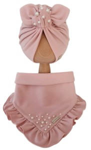 KOMPLET Z KORALIKAMI TURBAN PODWÓJNY I CHUSTA  Z FALBANKĄ Jasny Róż  