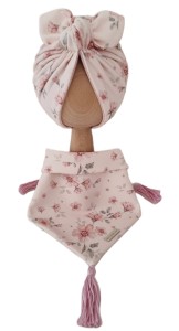 KOMPLET TURBAN PODWÓJNY MOTYLEK Magnolie na Różu I CHUSTA  Z CHWOSTAMI Magnolie na Różu