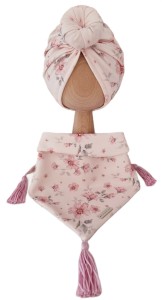 KOMPLET TURBAN POJEDYNCZY DONUT Magnolie na Różu I CHUSTA Z CHWOSTAMI Magnolie na Różu