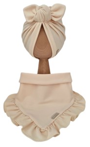 KOMPLET TURBAN POJEDYNCZY MOTYLEK  I CHUSTA Z FALBANKĄ Biszkopt