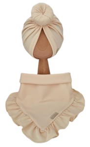 KOMPLET TURBAN POJEDYNCZY DONUT  I CHUSTA Z FALBANKĄ Biszkopt