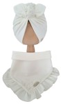 KOMPLET Z KORALIKAMI TURBAN PODWÓJNY I CHUSTA Z FALBANKĄ Śmietankowa Biel