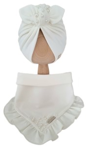 KOMPLET Z KORALIKAMI TURBAN PODWÓJNY I CHUSTA Z FALBANKĄ Śmietankowa Biel