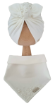 KOMPLET TURBAN PODWÓJNY Z KORALIKAMI I CHUSTA Śmietankowa Biel