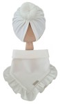KOMPLET TURBAN POJEDYNCZY DONUT  I CHUSTA Z FALBANKĄ Śmietankowa Biel