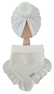 KOMPLET TURBAN POJEDYNCZY DONUT  I CHUSTA Z FALBANKĄ Śmietankowa Biel