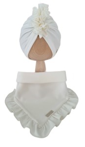 KOMPLET TURBAN FALBANKA POJEDYNCZY I CHUSTA Z FALBANKĄ Śmietankowa Biel