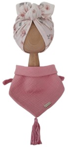 KOMPLET TURBAN POJEDYNCZY MOTYLEK Magnolie na Różu i CHUSTA Muślinowa Pudrowy Róż