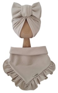 KOMPLET TURBAN POJEDYNCZY BIG BOW I CHUSTA Z FALBANKĄ Jasny Beż