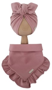 KOMPLET TURBAN POJEDYNCZY MOTYLEK  I CHUSTA Z FALBANKĄ Pudrowy Róż