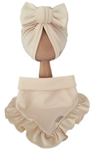 KOMPLET TURBAN POJEDYNCZY BIG BOW I CHUSTA Z FALBANKĄ Biszkopt