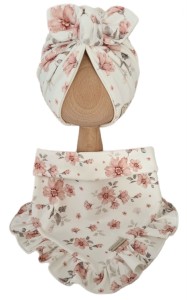 KOMPLET TURBAN PODWÓJNY MOTYLEK  I CHUSTA Z FALBANKĄ Magnolie na Bieli