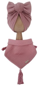 KOMPLET TURBAN POJEDYNCZY BIG BOW Pudrowy Róż I CHUSTA Z CHWOSTAMI Muślinowa Pudrowy Róż 
