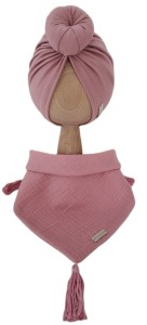 KOMPLET TURBAN POJEDYNCZY DONUT Pudrowy Róż I CHUSTA Z CHWOSTAMI Muślinowa Pudrowy Róż 