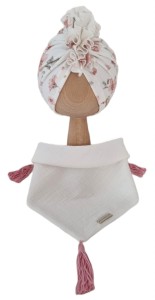 KOMPLET TURBAN FALBANKA POJEDYNCZY Magnolie na Bieli I CHUSTA Muślinowa Ecru Z CHWOSTAMI Pustynny Róż