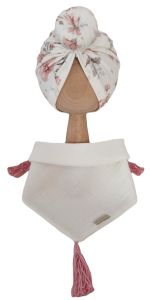 KOMPLET TURBAN POJEDYNCZY DONUT Magnolie na Bieli I CHUSTA Muślinowa Ecru Z CHWOSTAMI Pustynny Róż