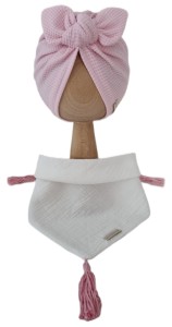 KOMPLET TURBAN POJEDYNCZY MOTYLEK Wafelek Jasny Róż i CHUSTA Muślinowa Ecru Z CHWOSTAMI Pustynny Róż